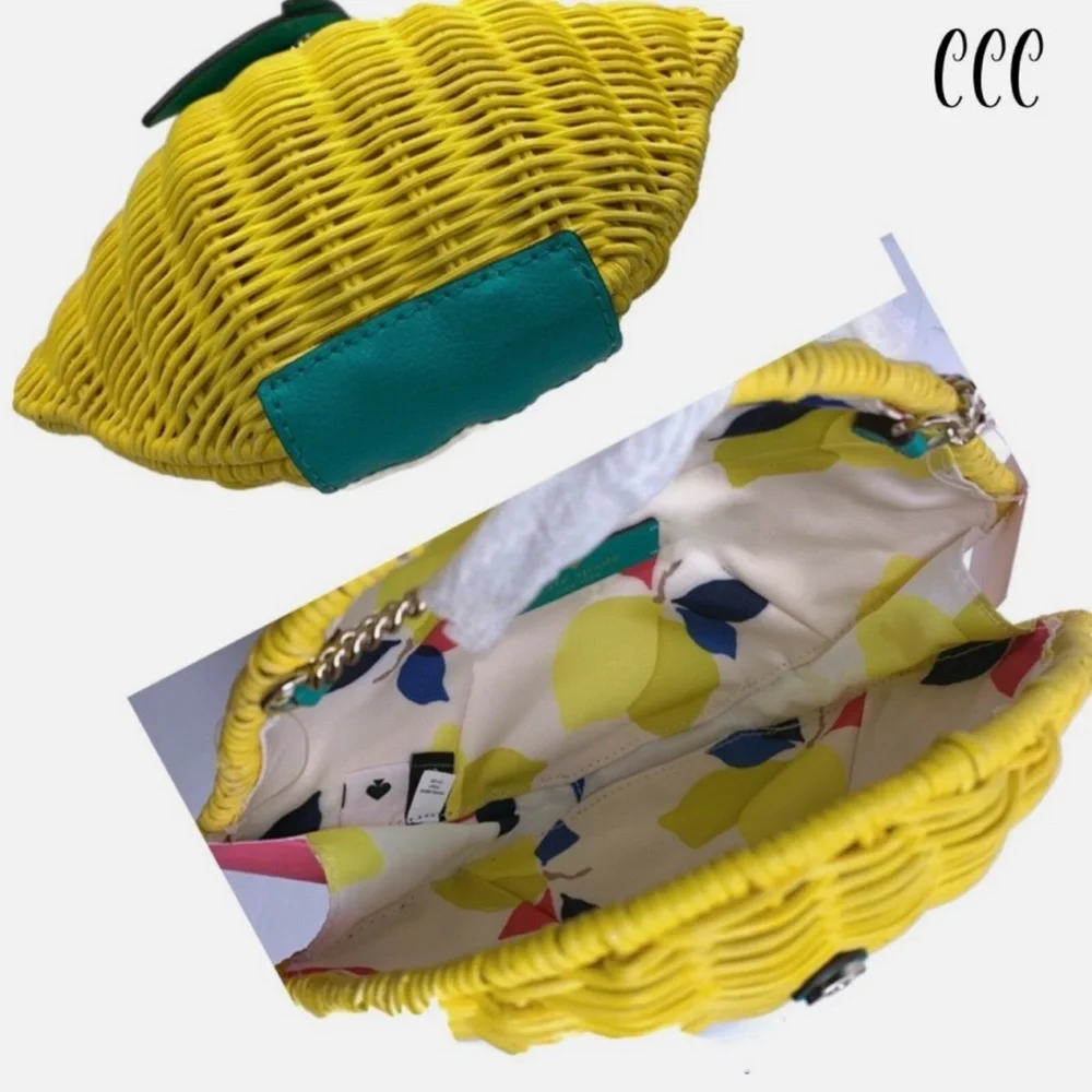 Kate Spade Picnic Perfect Lemon Crossbody Wicker & Leather Bag Yellow NEW - Picture 3 of 6